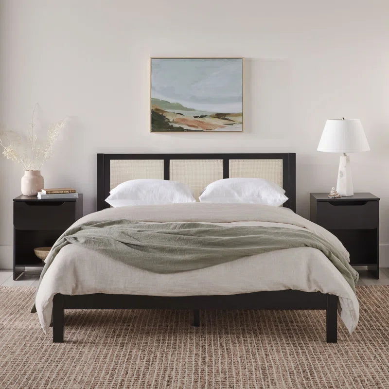Solid Canadian Pine Wood Natural Cane Platform Bed Black - Furnishiaa -  -